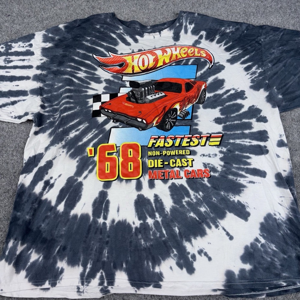 Hot Wheels Tie Dye Graphic T Shirt Men's 2X Black White 1968 Muscle Car Racing